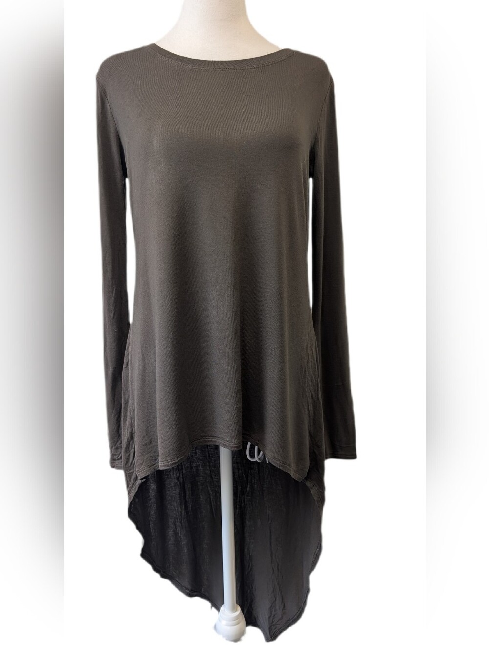 BCBGMaxAzria Khaki Crew Neck Long-sleeved Asymmetric High-Low Dress -S-
